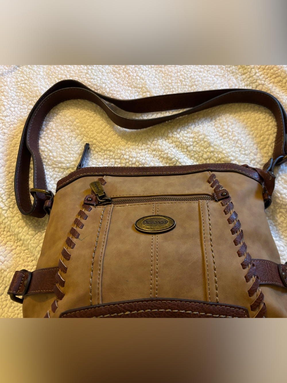 Casual Tan Shoulder Bag with Brown Trim